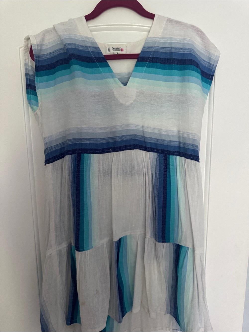 Lemlem White Dress with Blue & Teal Stripes